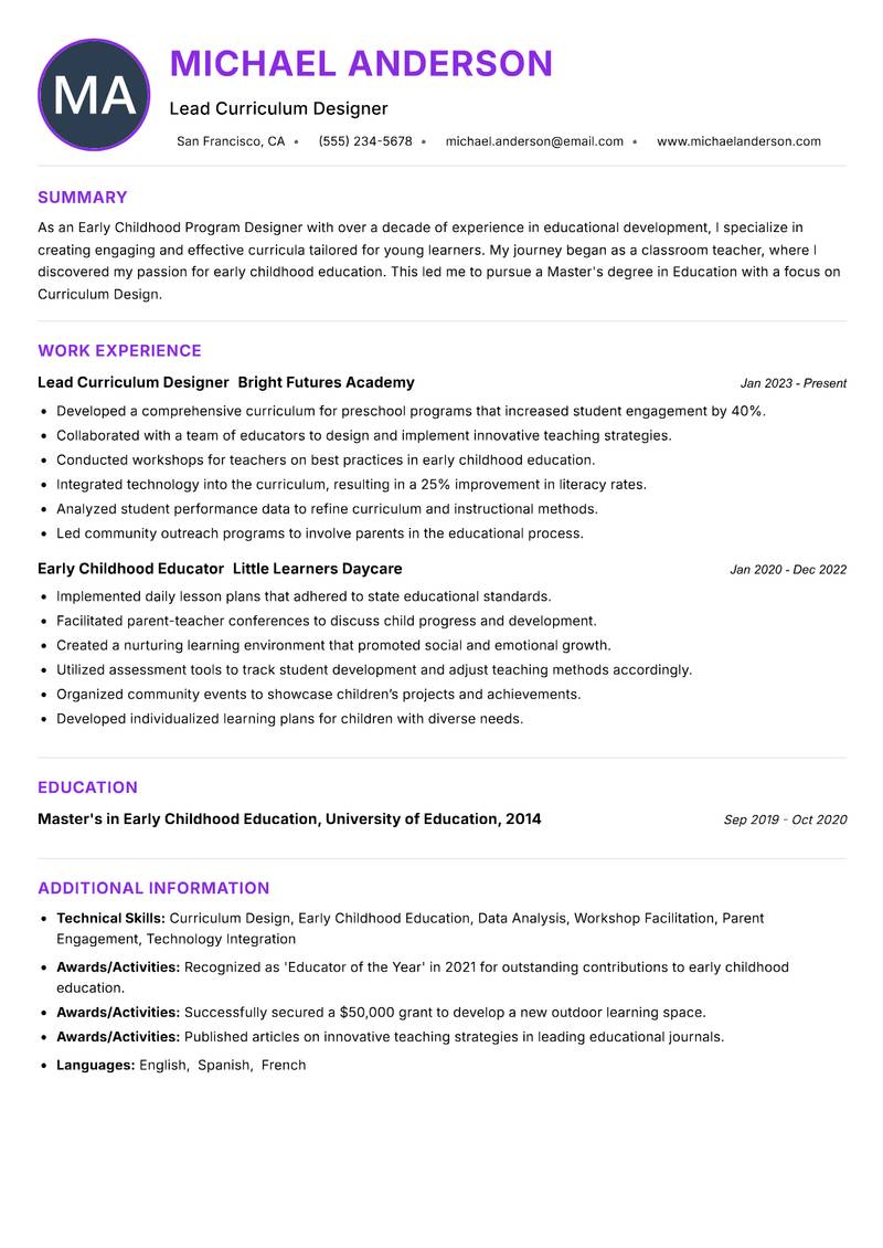 Early Childhood Program Designer resume example