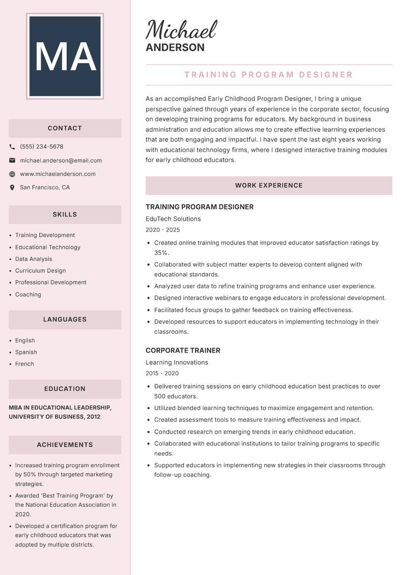 Early Childhood Program Designer resume sample — Training Program Designer focus