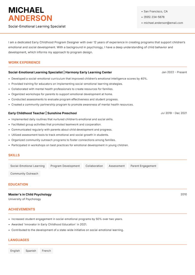Early Childhood Program Designer resume sample — Social-Emotional Learning Specialist focus