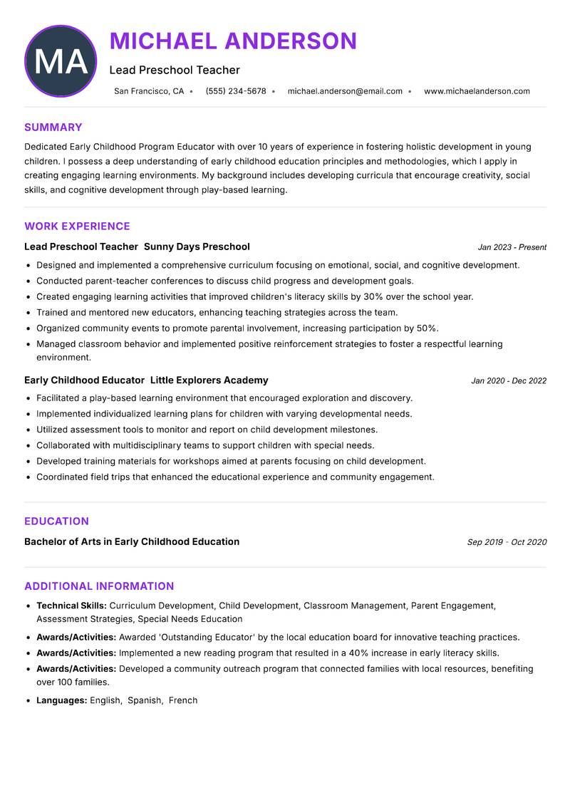 Early Childhood Program Educator resume example
