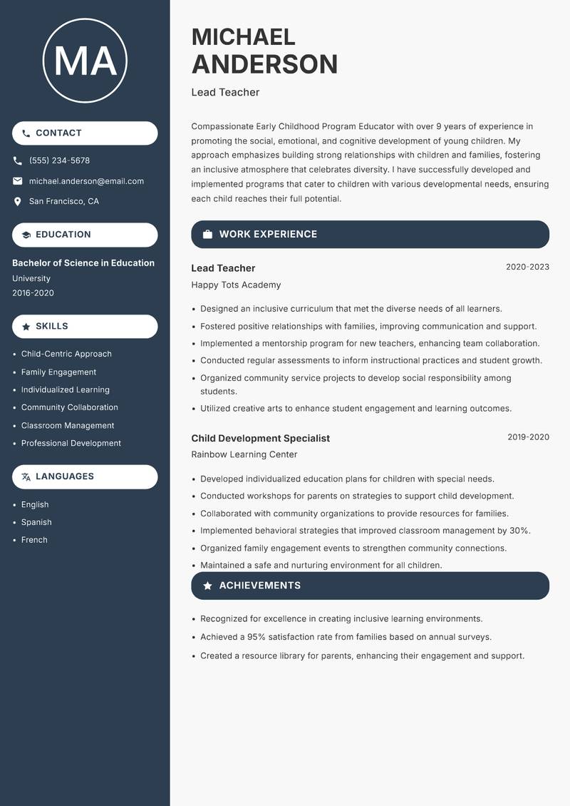 Early Childhood Program Educator resume sample — Lead Teacher focus