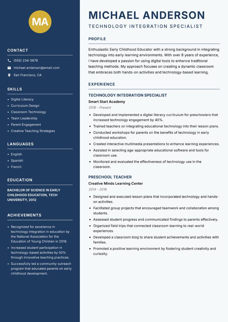 Early Childhood School Educator resume sample — Technology Integration Specialist focus