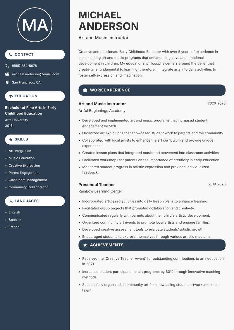 Early Childhood School Educator resume sample — Art and Music Instructor focus
