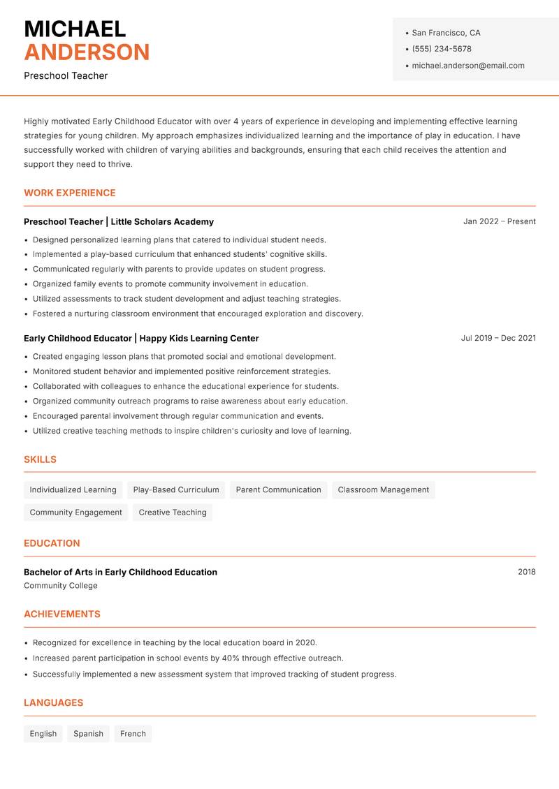 Early Childhood School Educator resume sample — Preschool Teacher focus
