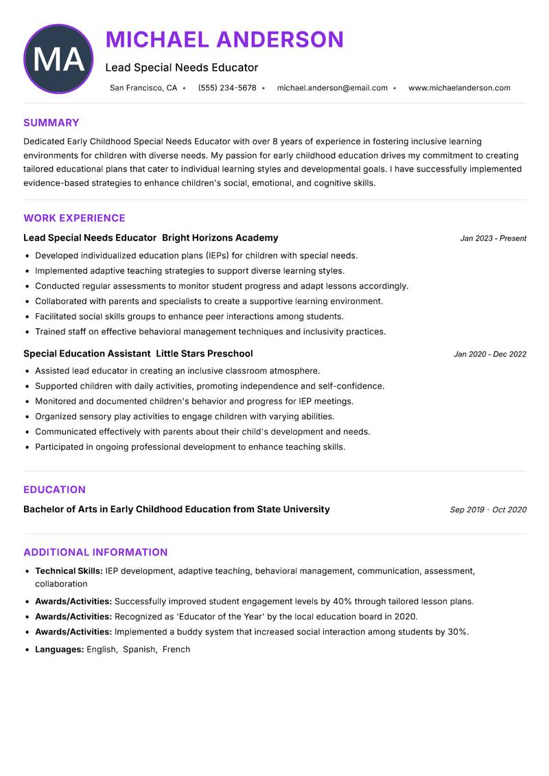 Early Childhood Special Needs Educator resume example