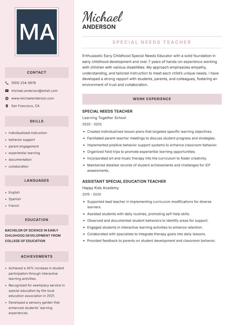 Early Childhood Special Needs Educator resume sample — Special Needs Teacher focus