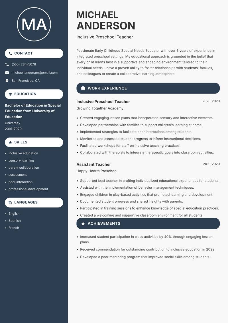 Early Childhood Special Needs Educator resume sample — Inclusive Preschool Teacher focus