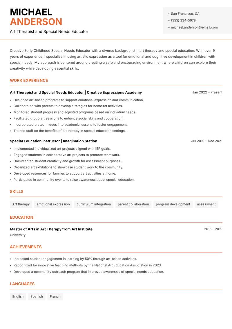 Early Childhood Special Needs Educator resume sample — Art Therapist and Special Needs Educator focus