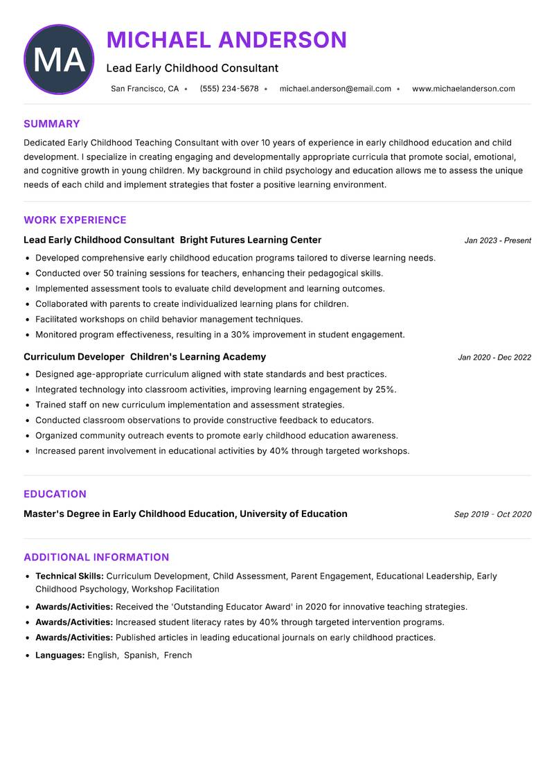 Early Childhood Teaching Consultant resume example