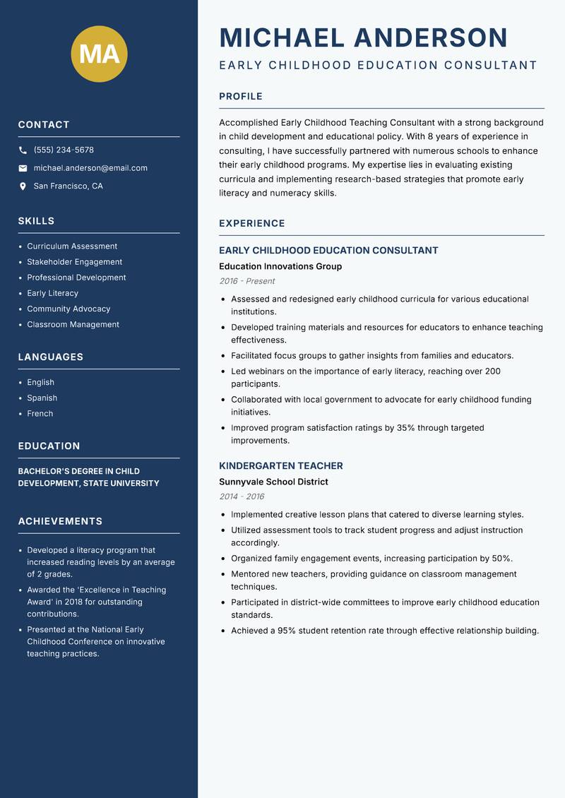 Early Childhood Teaching Consultant resume sample — Early Childhood Education Consultant focus