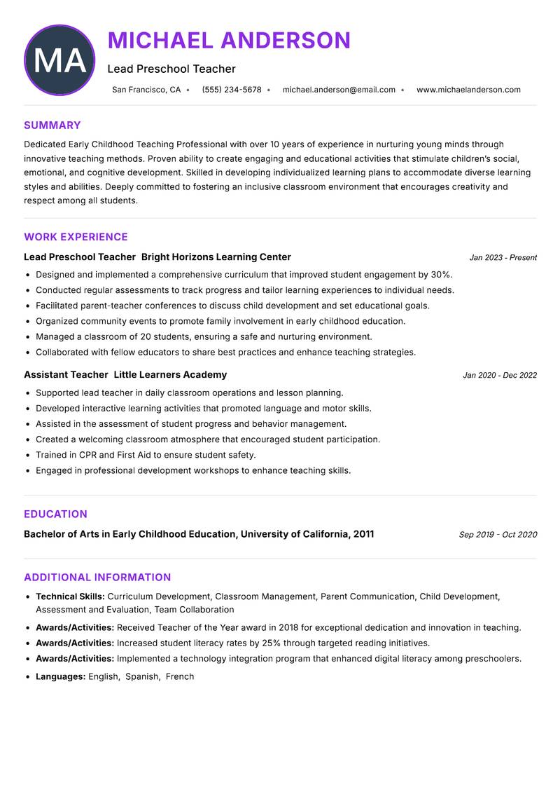 Early Childhood Teaching Professional resume example