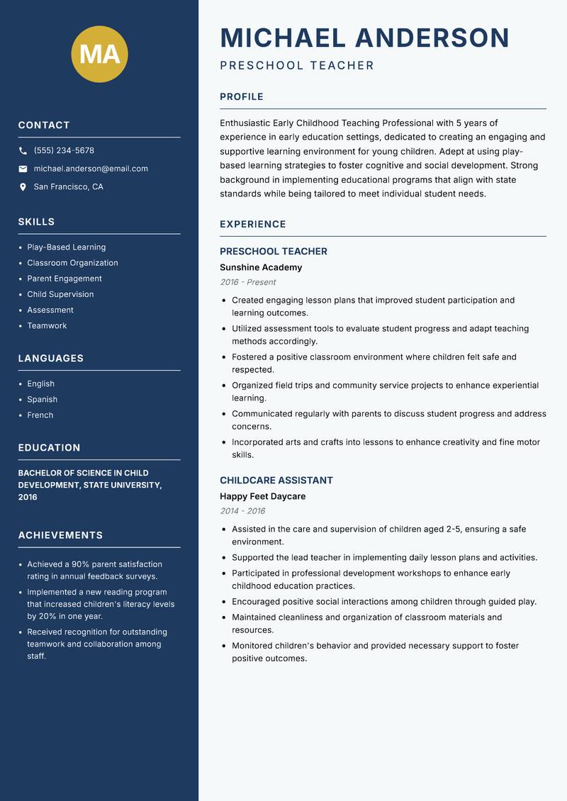 Early Childhood Teaching Professional resume sample — Preschool Teacher focus