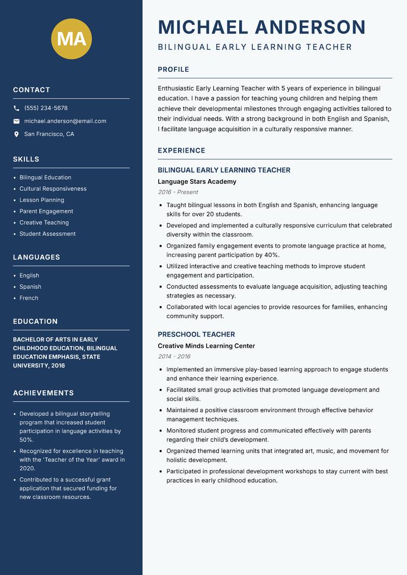 Early Learning Teacher resume sample — Bilingual Early Learning Teacher focus