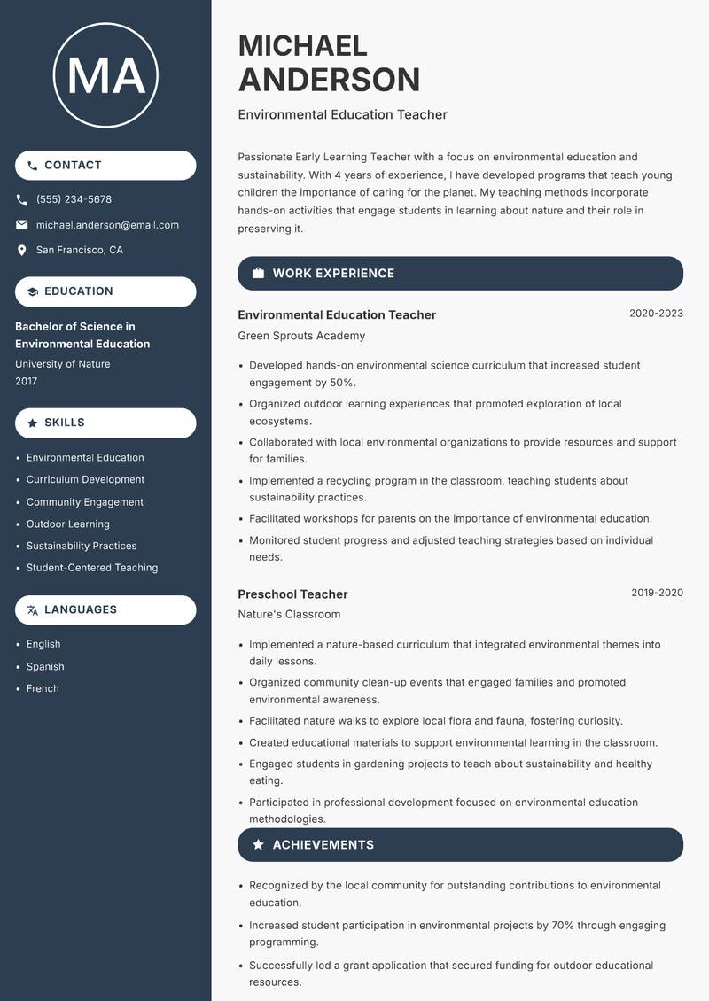 Early Learning Teacher resume sample — Environmental Education Teacher focus