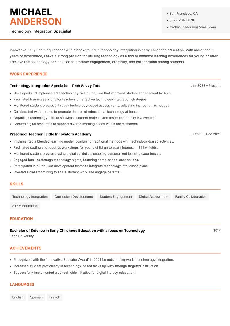 Early Learning Teacher resume sample — Technology Integration Specialist focus