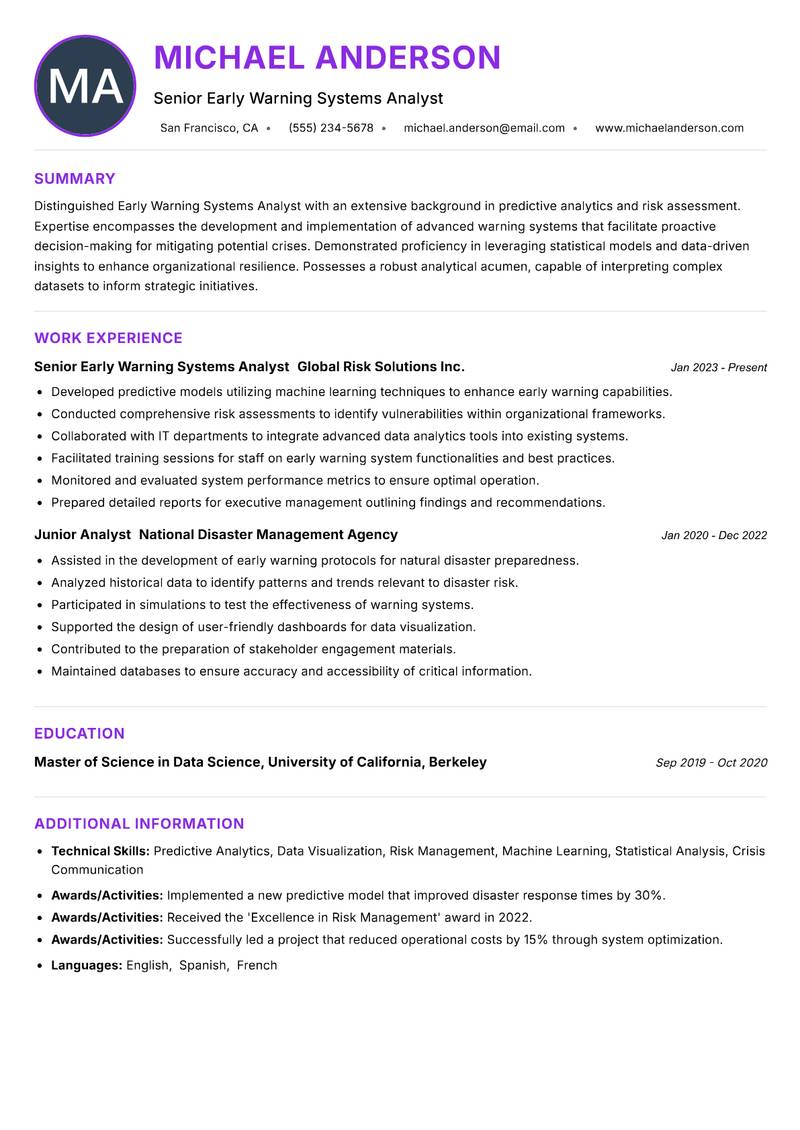 Early Warning Systems Analyst resume example