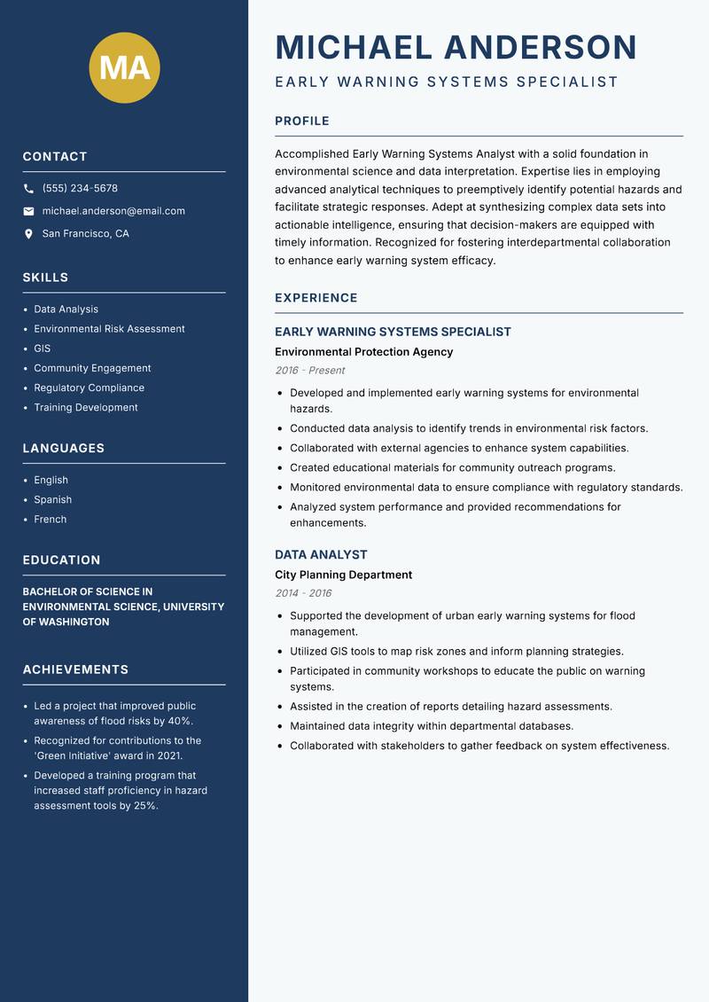 Early Warning Systems Analyst resume sample — Early Warning Systems Specialist focus