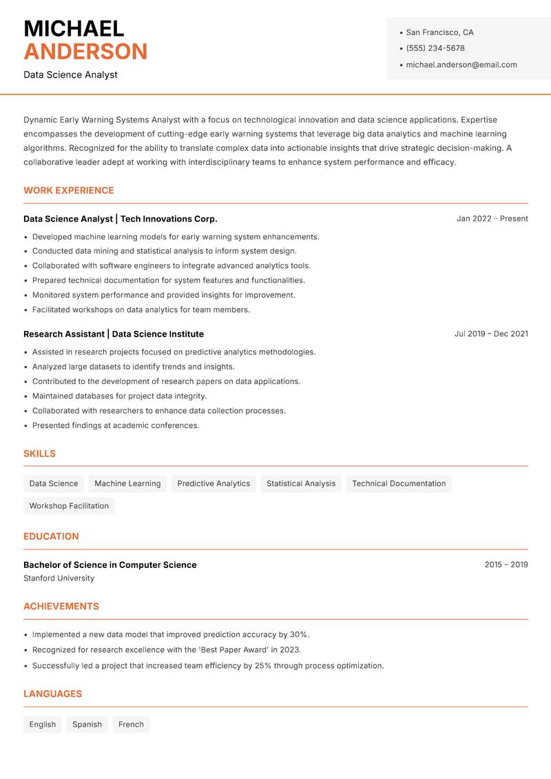 Early Warning Systems Analyst resume sample — Data Science Analyst focus