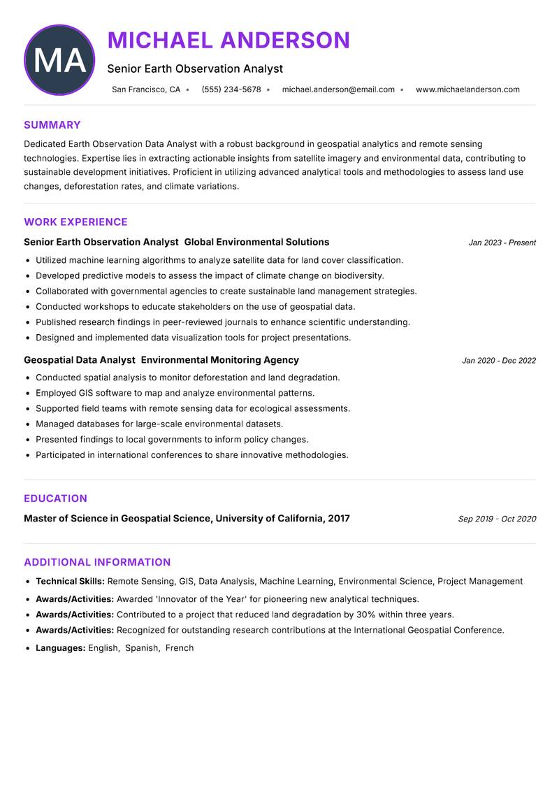 Earth Observation Data Analyst resume example