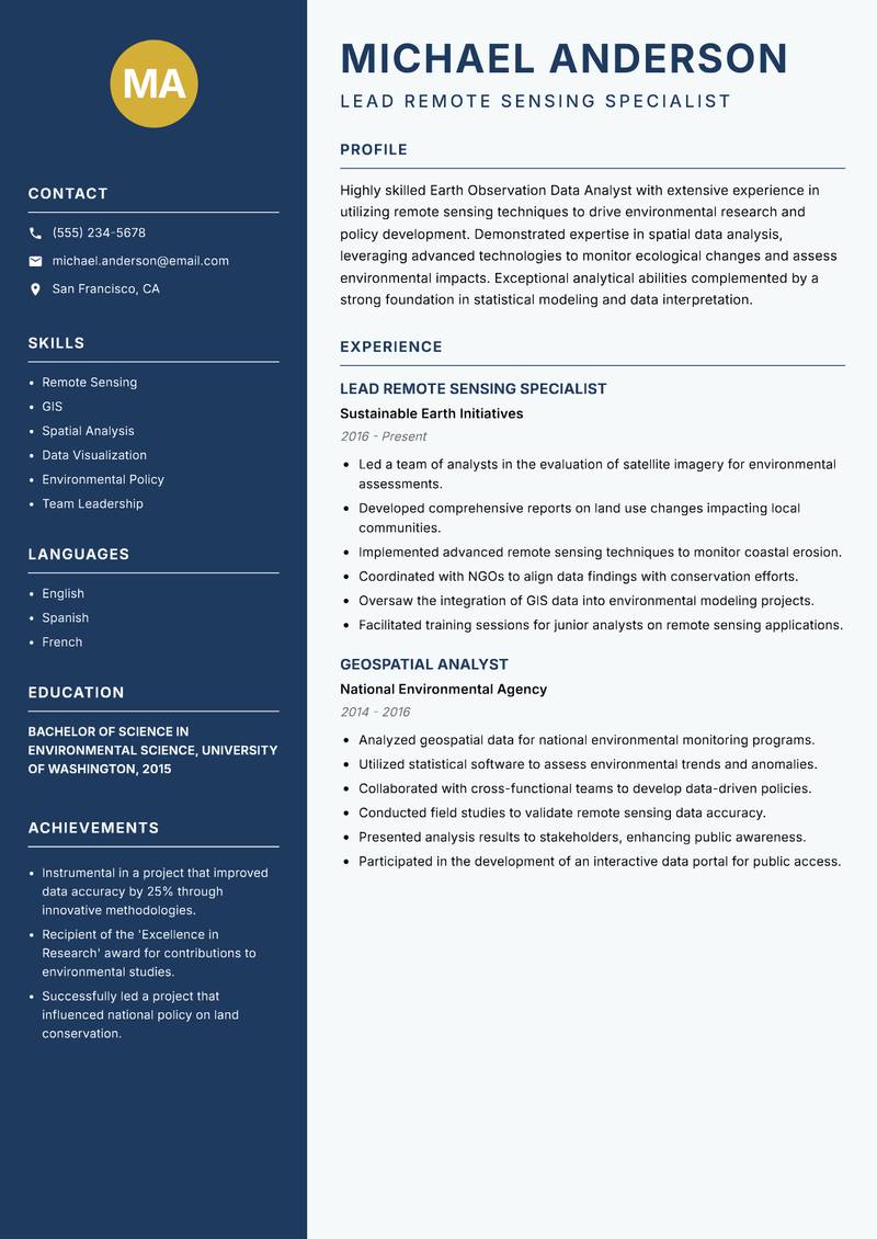 Earth Observation Data Analyst resume sample — Lead Remote Sensing Specialist focus
