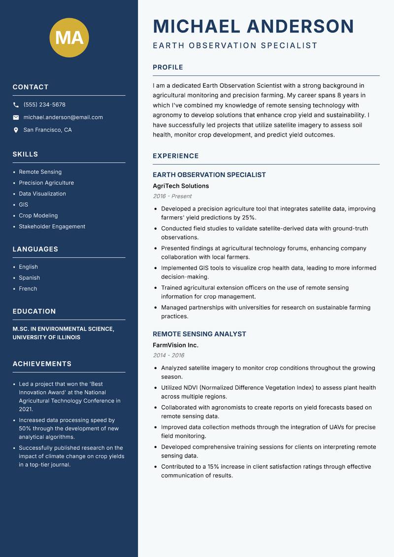 Earth Observation Scientist resume sample — Earth Observation Specialist focus
