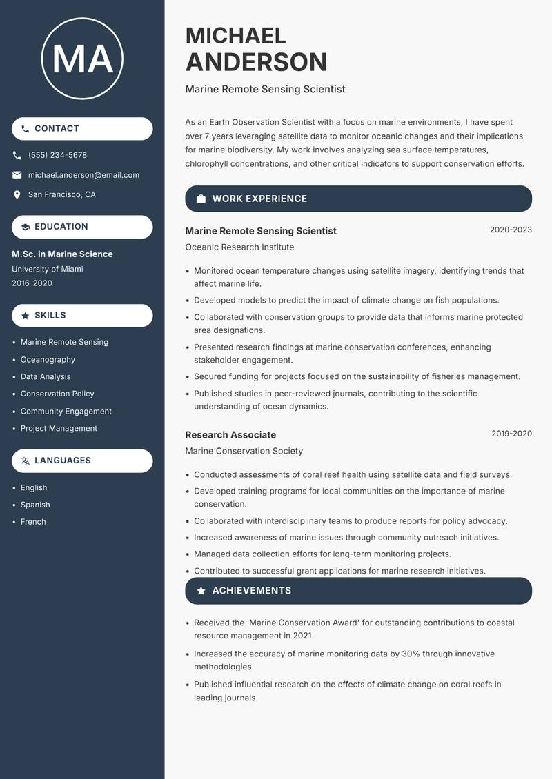 Earth Observation Scientist resume sample — Marine Remote Sensing Scientist focus