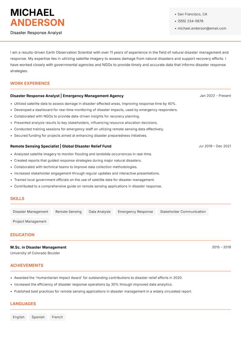 Earth Observation Scientist resume sample — Disaster Response Analyst focus
