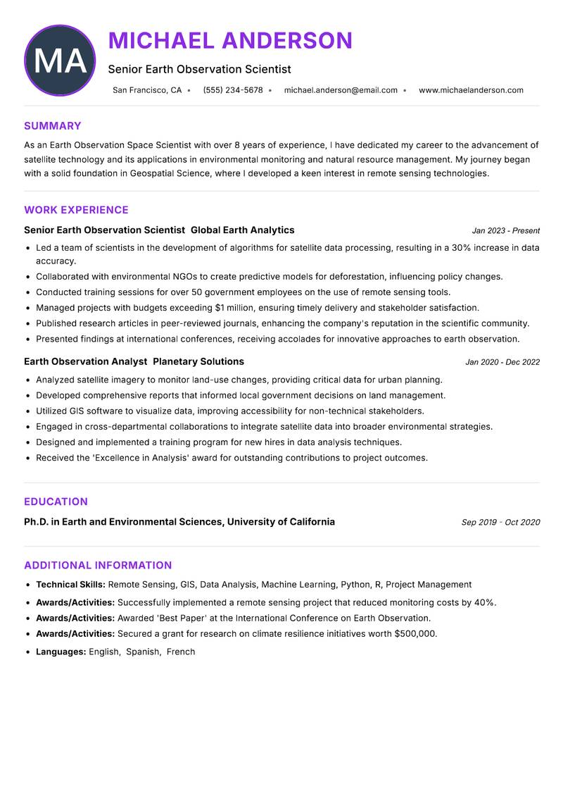 Earth Observation Space Scientist resume example