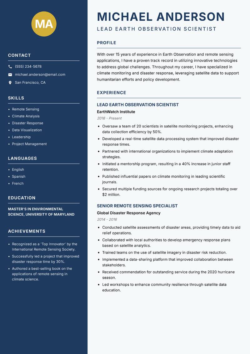 Earth Observation Space Scientist resume sample — Lead Earth Observation Scientist focus