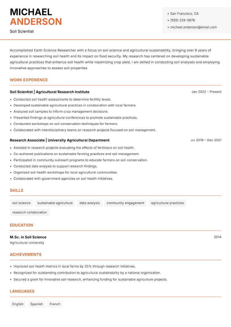 Earth Science Researcher resume sample — Soil Scientist focus