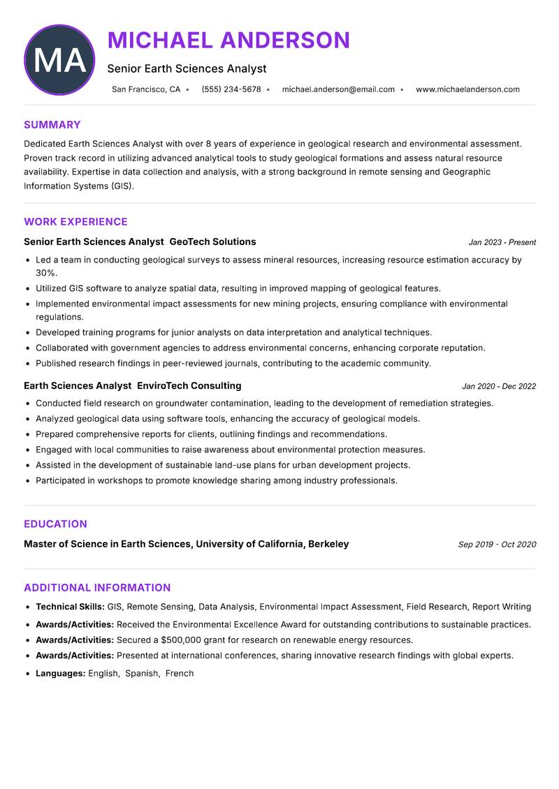 Earth Sciences Analyst resume example