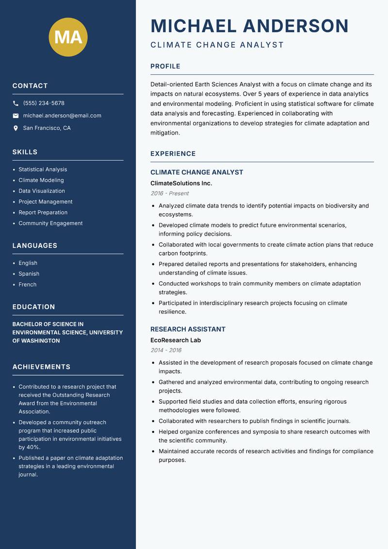 Earth Sciences Analyst resume sample — Climate Change Analyst focus