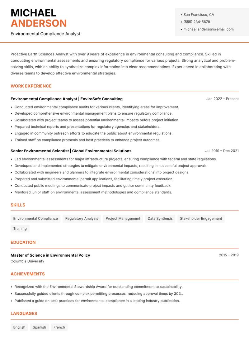 Earth Sciences Analyst resume sample — Environmental Compliance Analyst focus