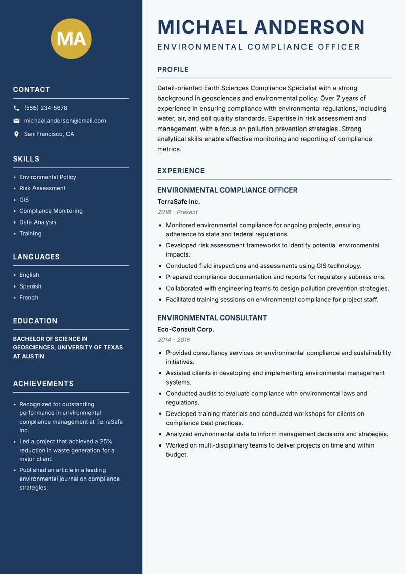 Earth Sciences Compliance Specialist resume sample — Environmental Compliance Officer focus