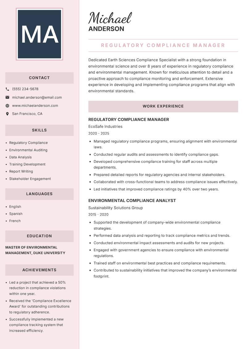 Earth Sciences Compliance Specialist resume sample — Regulatory Compliance Manager focus