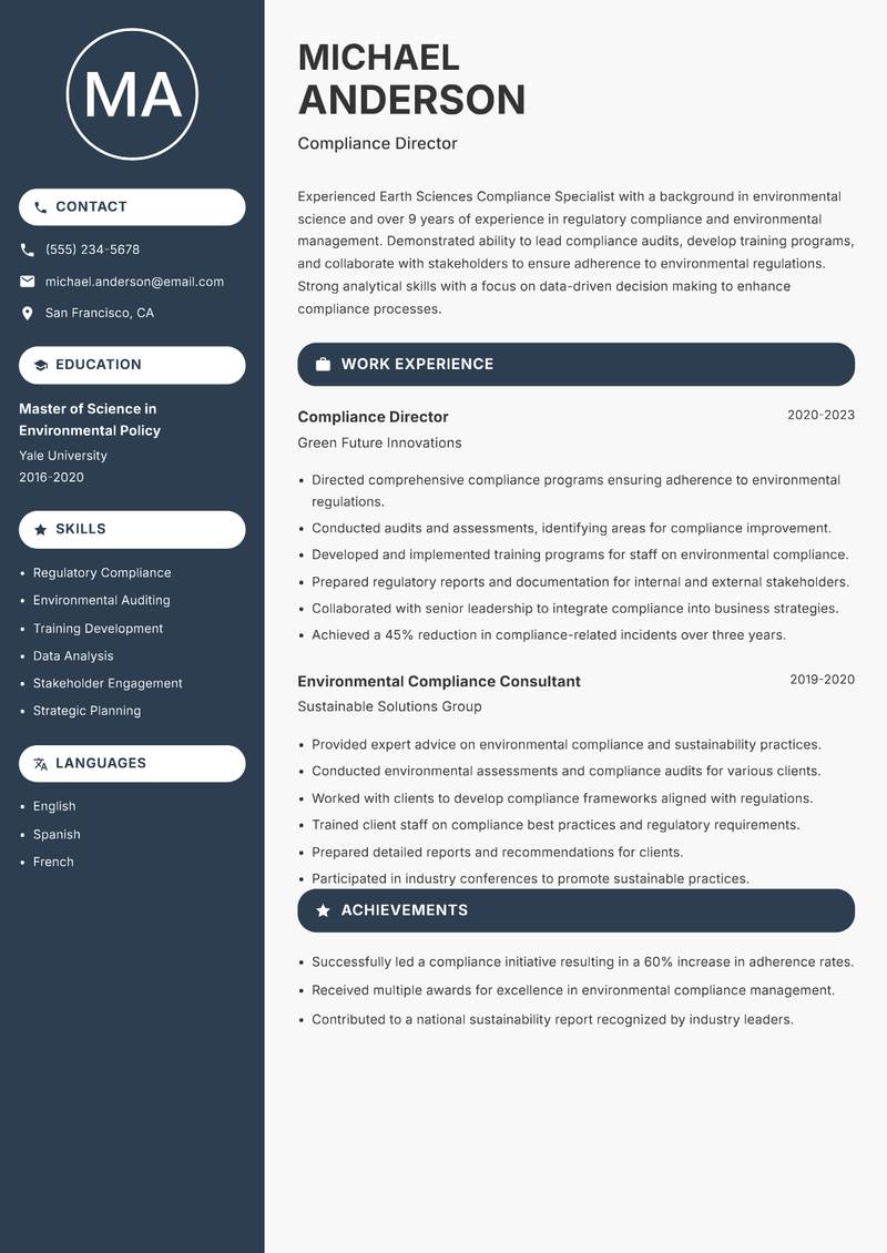 Earth Sciences Compliance Specialist resume sample — Compliance Director focus