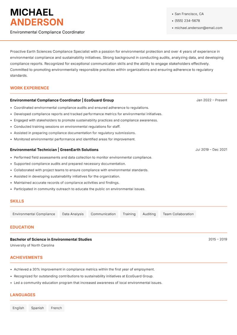 Earth Sciences Compliance Specialist resume sample — Environmental Compliance Coordinator focus