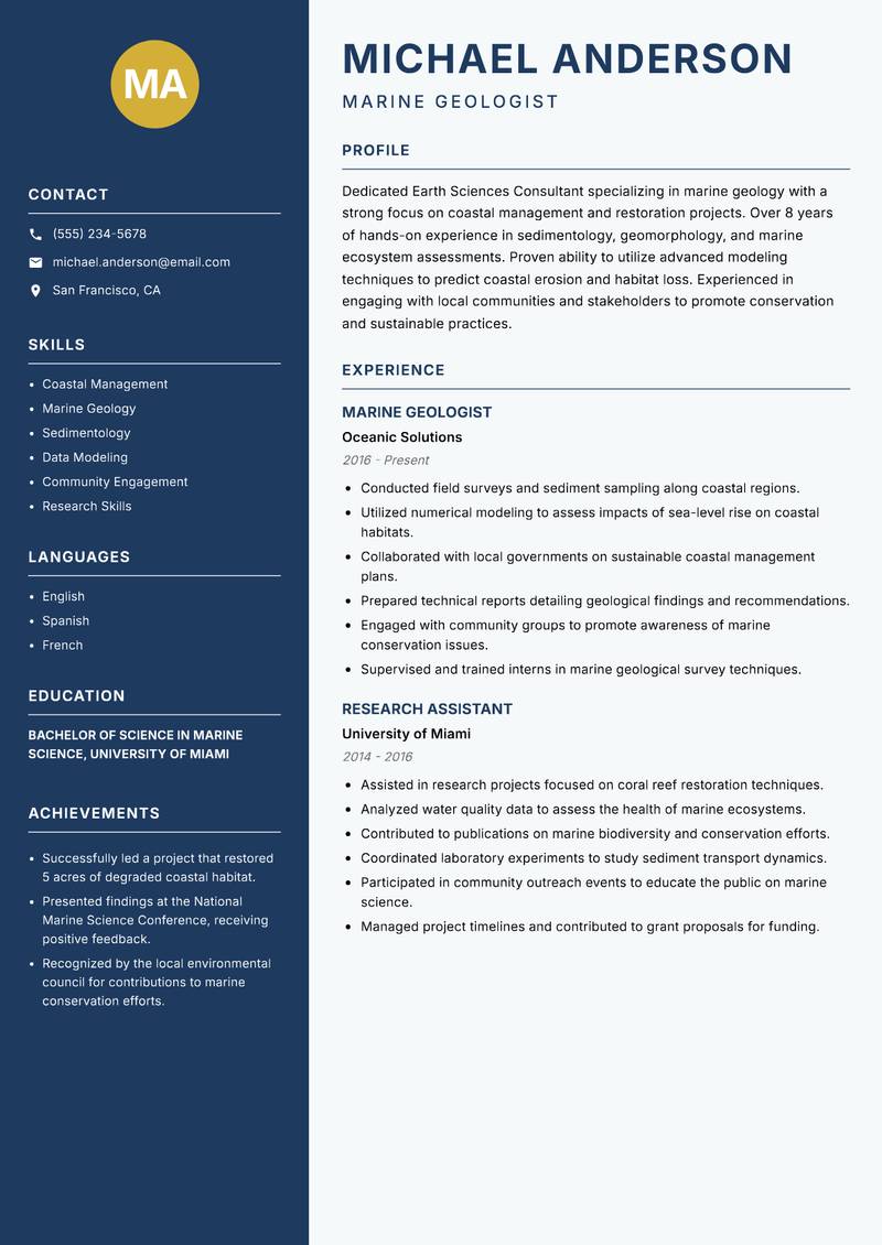 Earth Sciences Consultant resume sample — Marine Geologist focus