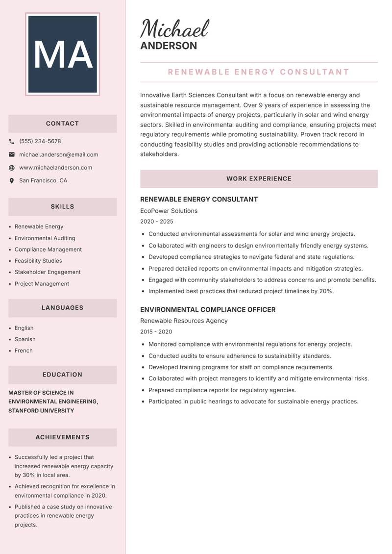 Earth Sciences Consultant resume sample — Renewable Energy Consultant focus