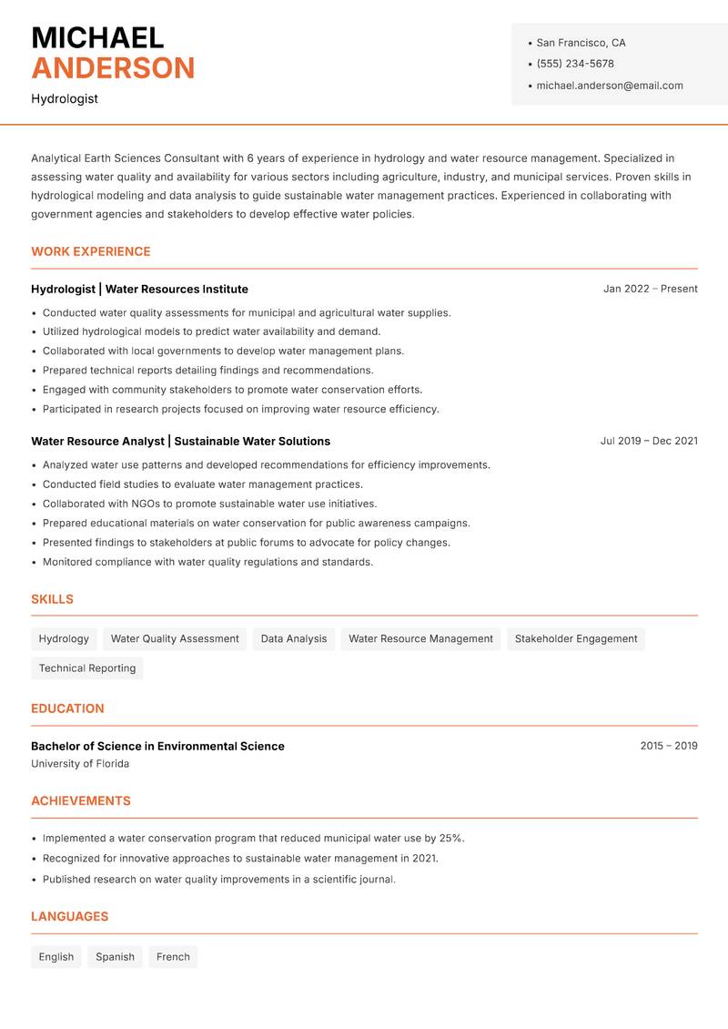 Earth Sciences Consultant resume sample — Hydrologist focus