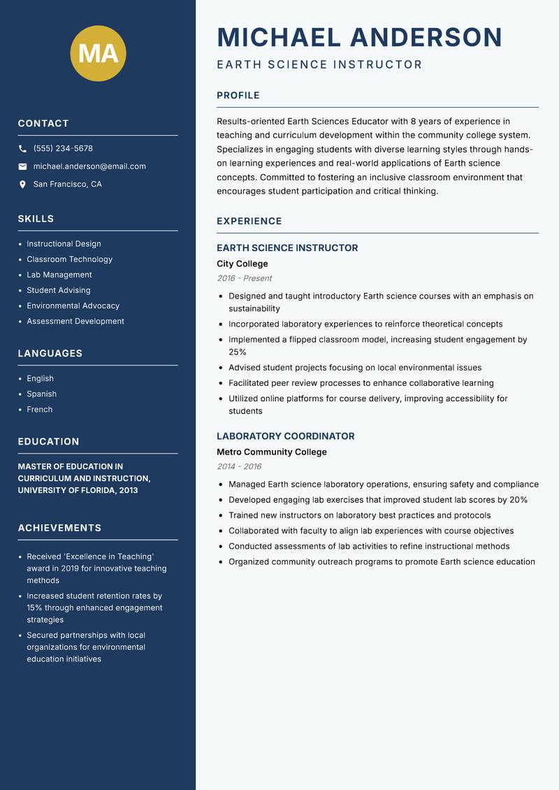 Earth Sciences Educator resume sample — Earth Science Instructor focus