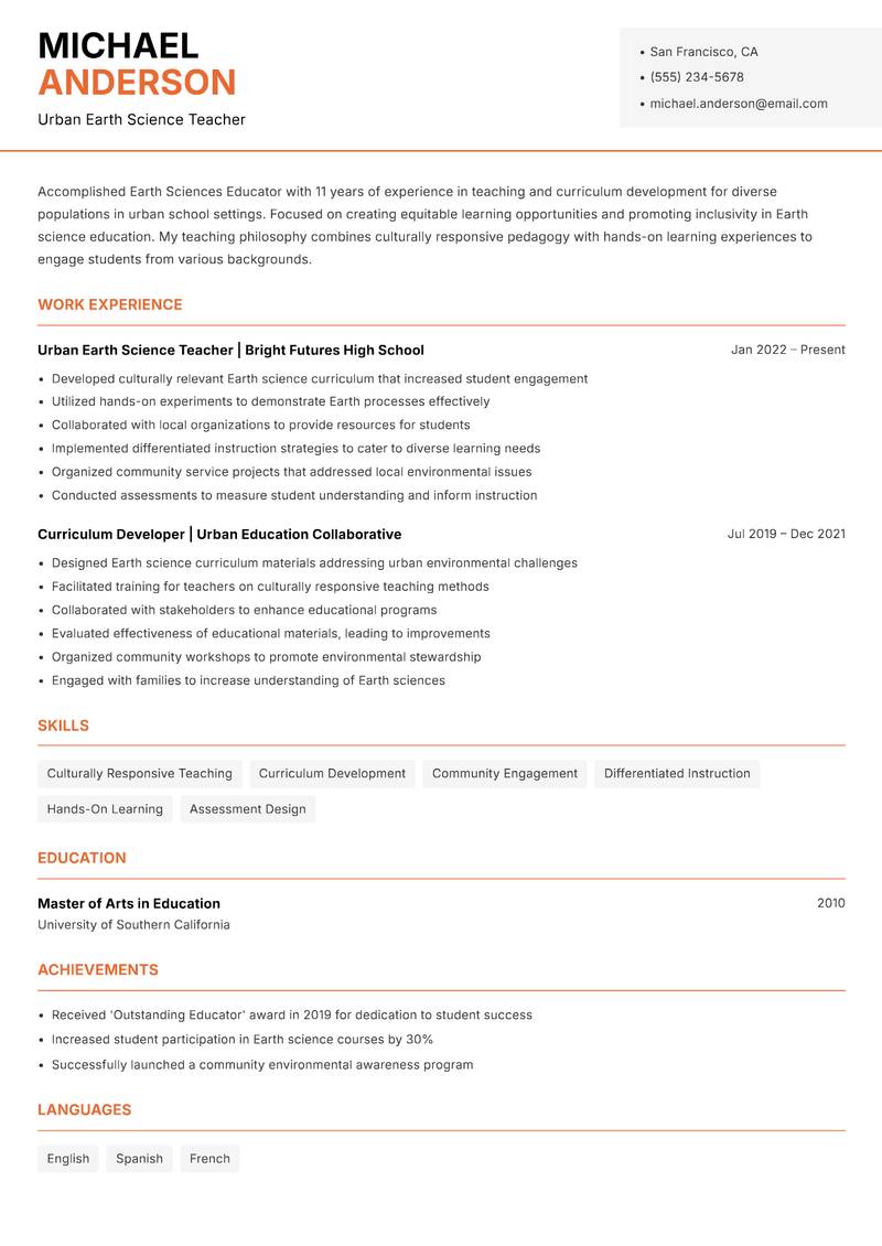 Earth Sciences Educator resume sample — Urban Earth Science Teacher focus