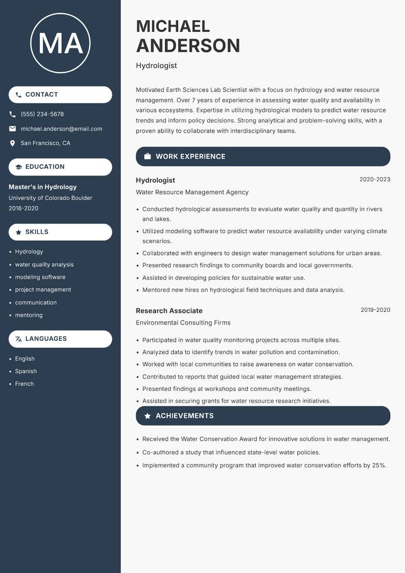 Earth Sciences Lab Scientist resume sample — Hydrologist focus