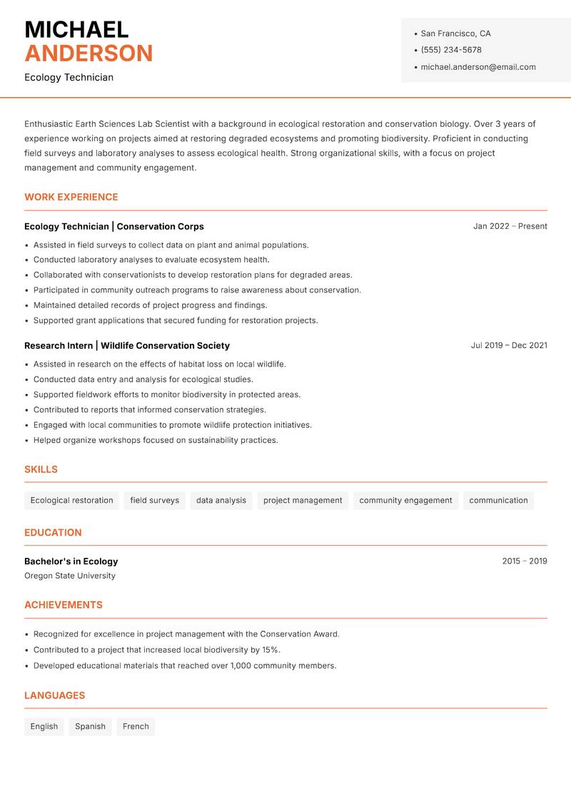 Earth Sciences Lab Scientist resume sample — Ecology Technician focus