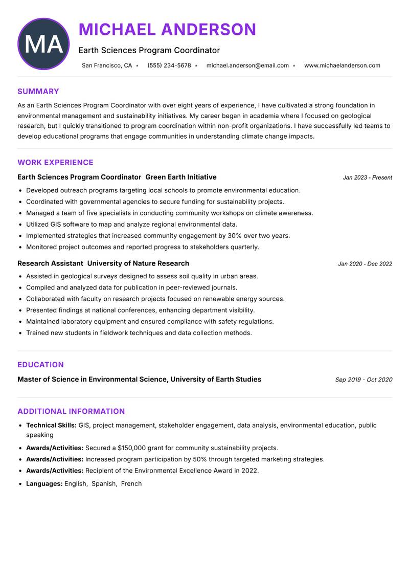 Earth Sciences Program Coordinator resume example