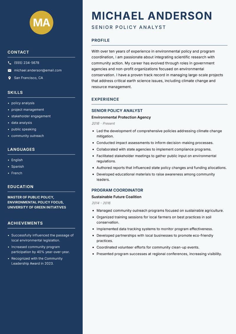 Earth Sciences Program Coordinator resume sample — Senior Policy Analyst focus