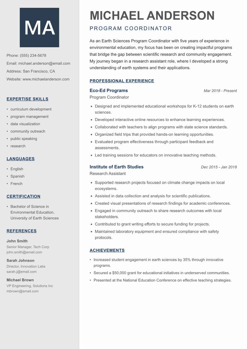 Earth Sciences Program Coordinator resume sample — Program Coordinator focus