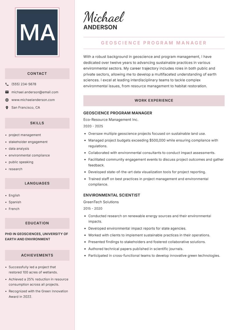 Earth Sciences Program Coordinator resume sample — Geoscience Program Manager focus