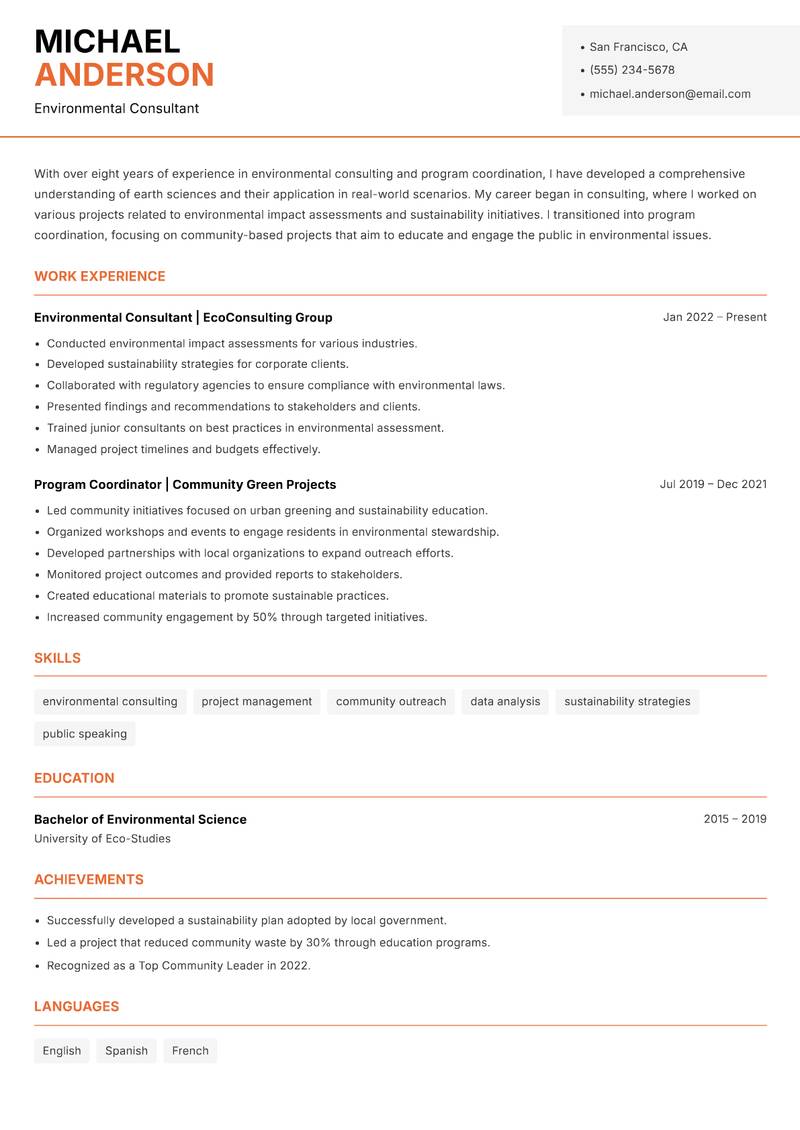 Earth Sciences Program Coordinator resume sample — Environmental Consultant focus