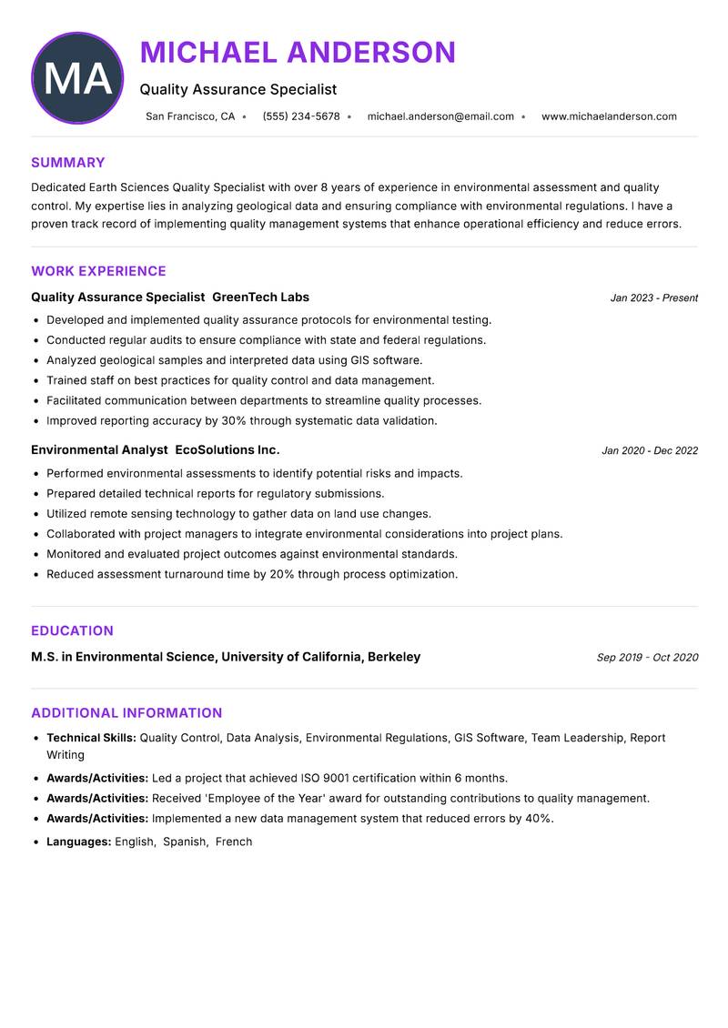 Earth Sciences Quality Specialist resume example